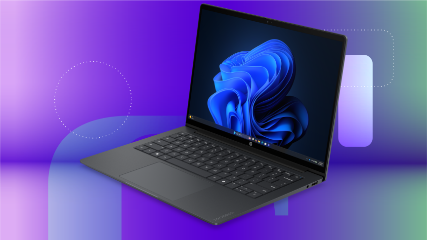新款 HP ProBook 4 站在蓝紫色 CNET 背景上。