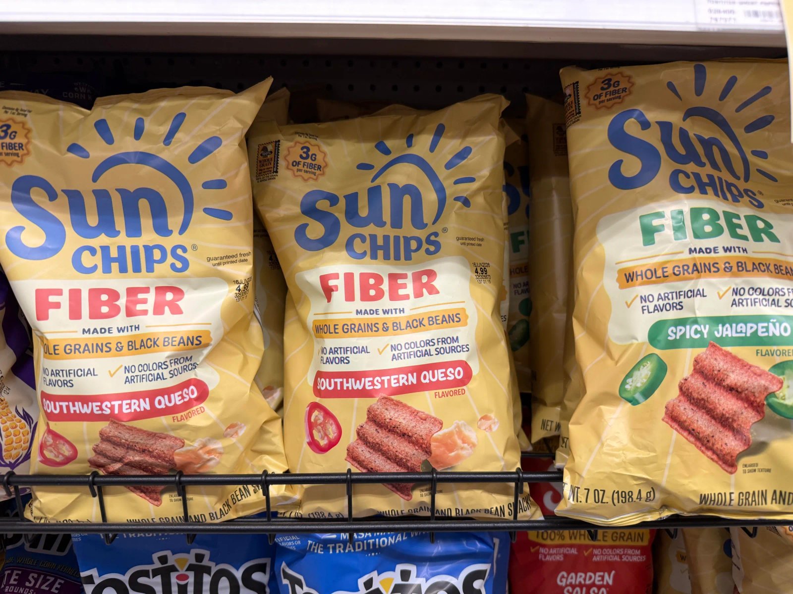 Sun Chip 纤维包装，Albertson's，纽约超市，不含人工香料或色素。 
